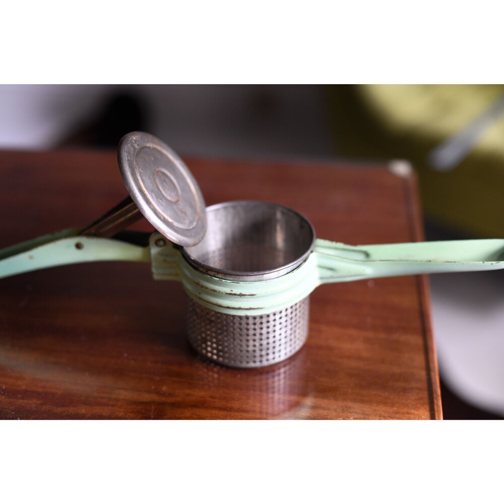 Vintage Light Green Food Mill: 1940s Potato Ricer Rustic Primitive Kitchen Tool